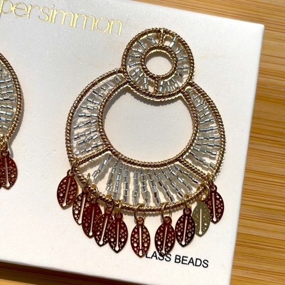 Brand New Persimmon Glass Beaded Gold Tone Leaf Round Drop Earrings Lightweight - Picture 6 of 14